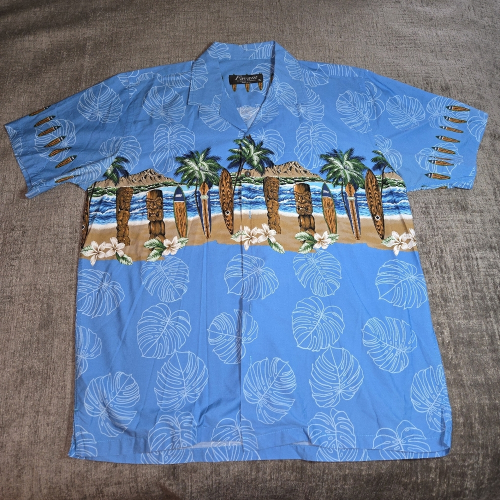 Favant XL Blue Hawaiian Tiki Print Short Sleeve Button Down Cotton Shirt